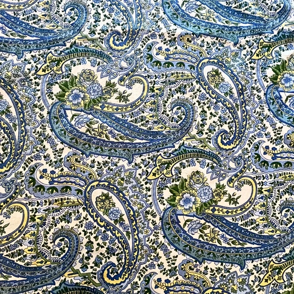 Huge 116x56 Extra Long Blue Yellow White Paisley Floral Cotton Tablecloth - XL